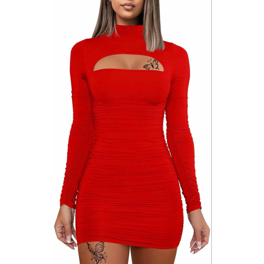 NEW Long Sleeve Cut Out Bodycon Ruched Party Club Mini Dress L